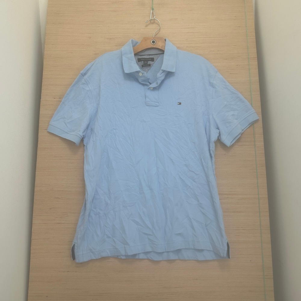 Tommy Hilfiger Mens XL Custom Fit Short Sleeve Polo Shirt Light Blue Logo 7661